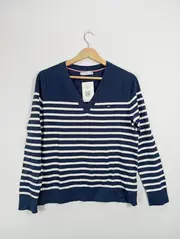 Vorschaubild 2 von Pullover Damen Gr. 38 M Blau Gestreift V-Ausschnitt Casual