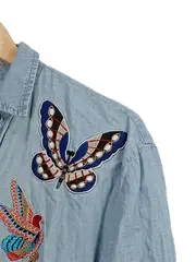 Vorschaubild 2 von Hemdbluse Damen Gr. L Blau Schmetterling Biene Stickerei