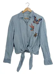 Vorschaubild 1 von Hemdbluse Damen Gr. L Blau Schmetterling Biene Stickerei