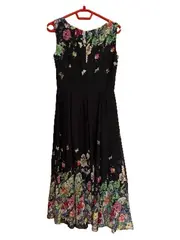 Vorschaubild 2 von Damen A-Linien Kleid Blumenmuster Ärmellos Schwarz Gr. S 36