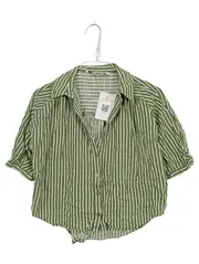 Vorschaubild 1 von Damen Hemdbluse Gr. XS grün gestreift Viskose Leinen Kurzarm Freizeit