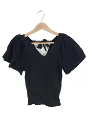 Vorschaubild 1 von Damen Top Puffärmel Schleife Rücken Rippstrick Schwarz Gr. S