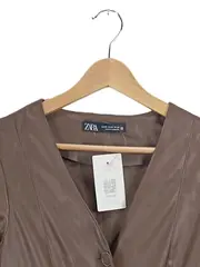 Vorschaubild 3 von Kunstleder Kleid Damen XS Braun Hemdblusenkleid Puffärmel
