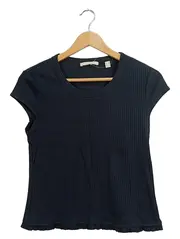 Vorschaubild 1 von Damen T-Shirt Gr. 38/M Schwarz Rippstrick Rüschen Kurzarm