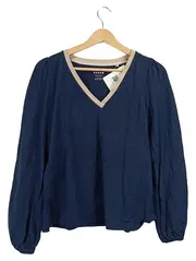Vorschaubild 1 von Damen Langarmshirt Gr. 36 Blau V-Ausschnitt Glitzer Borte Raffung Casual