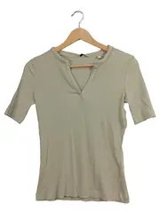 Vorschaubild 1 von Damen T-Shirt Gr. 38/M Beige Rippstrick V-Ausschnitt Halbarm