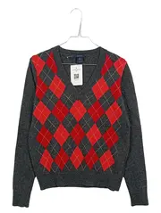 Vorschaubild 1 von Herren Pullover Argyle Muster Wolle V-Ausschnitt Gr. M Grau Rot