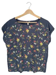 Vorschaubild 1 von Damen T-Shirt Blumenmuster Kurzarm Blau Gr. L 40 Viskose Casual