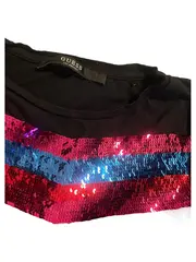 Vorschaubild 3 von Damen T-Shirt Gr. S Schwarz Pailletten Streifen Logo Baumwolle