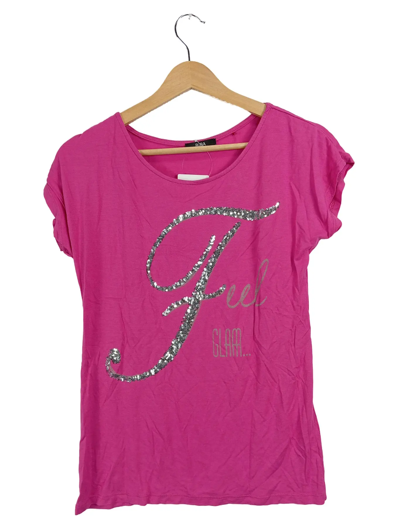 BIBA Damen T-Shirt Kurzarm Pailletten Schriftzug Pink Gr. 34/XS