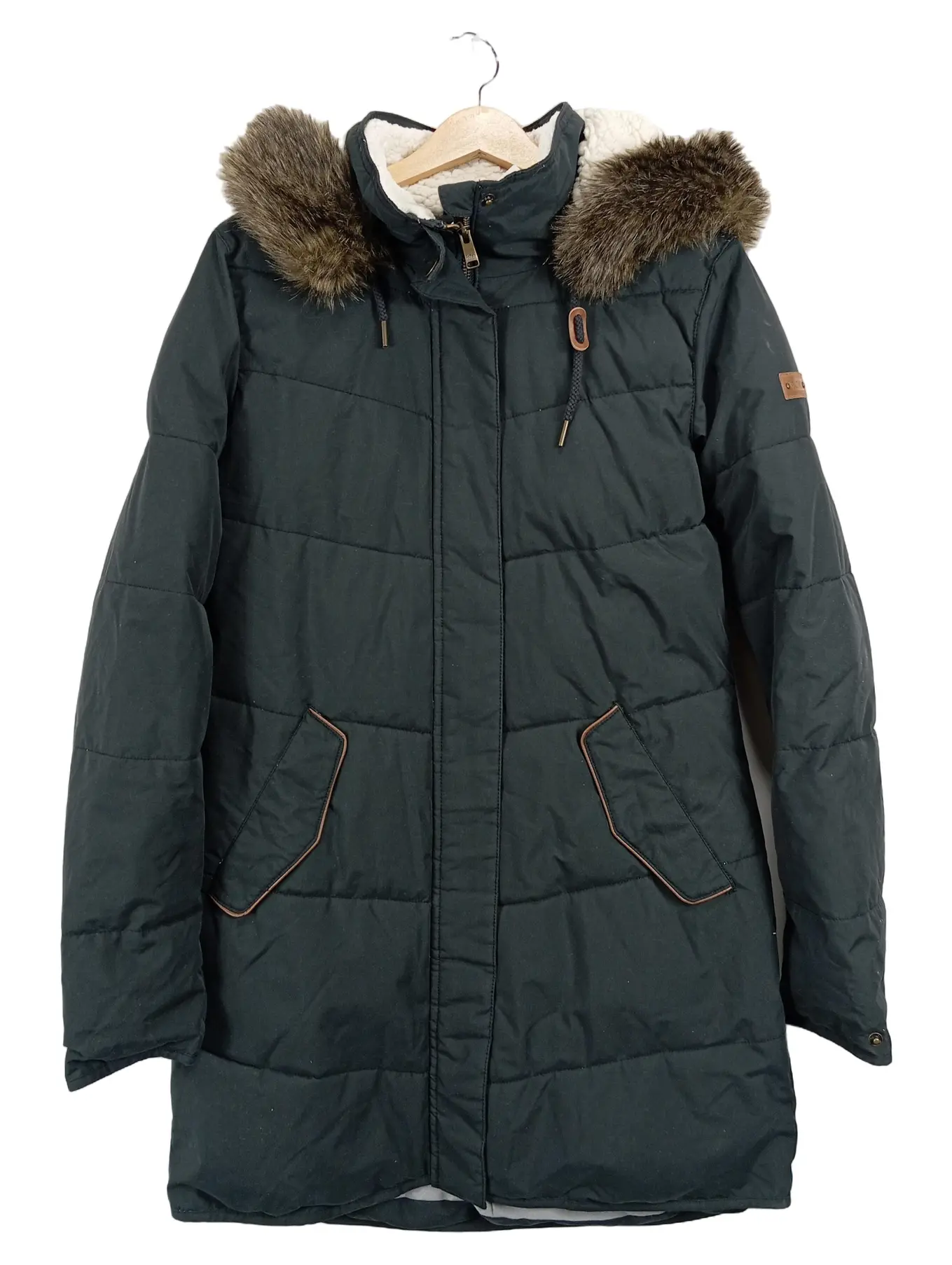 ROXY Damen Winterjacke Parka M 38 Petrol Kapuze Kunstfell Gesteppt Mantel