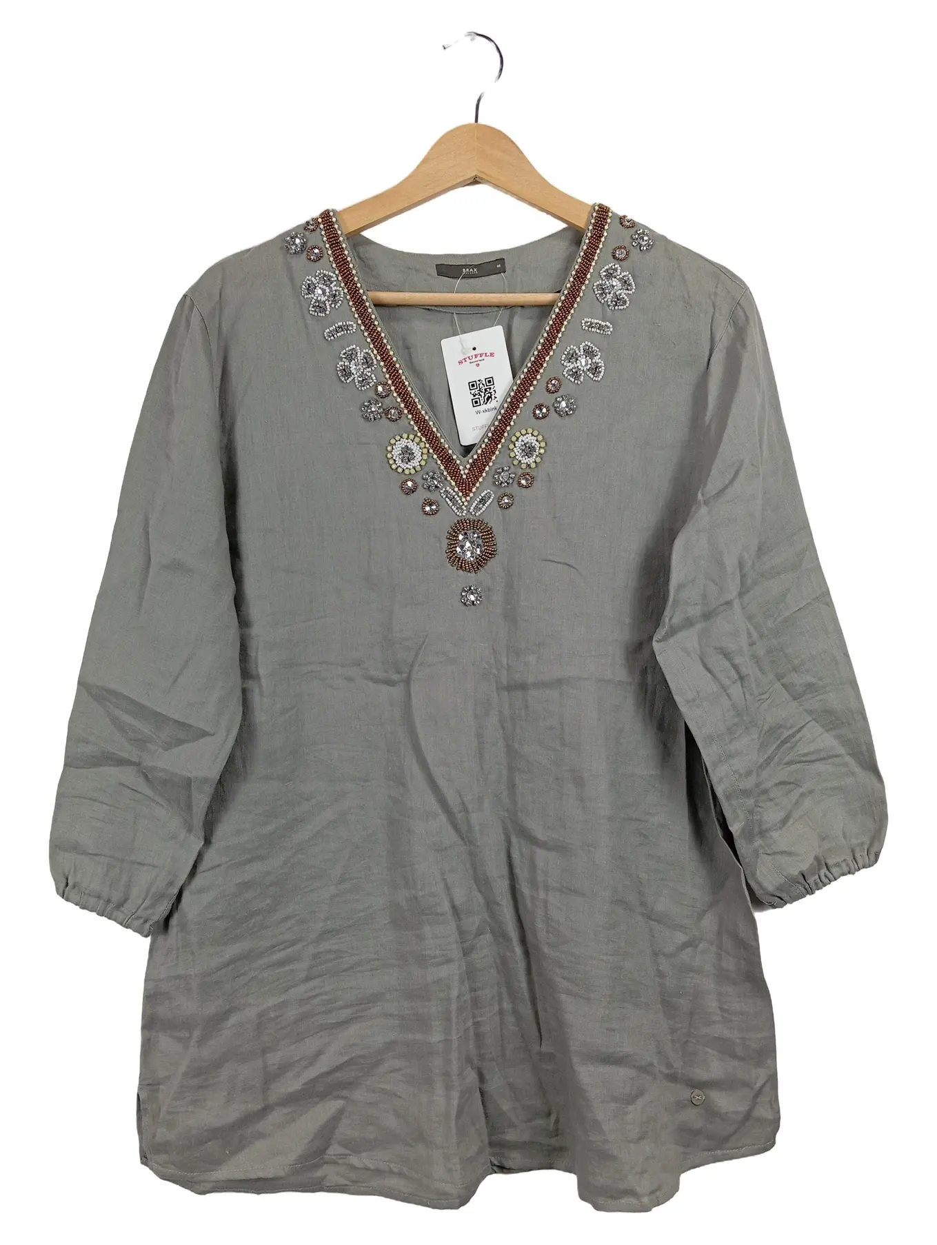 BRAX Damen Tunika Bluse Gr. 40 Oliv mit Stickerei Bohemian