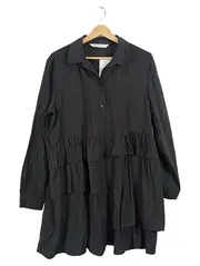Vorschaubild 1 von Hemdblusenkleid Damen Lyocell Rüschen Minikleid Schwarz Gr. XL