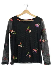 Vorschaubild 1 von Damen Langarmshirt Gr. 36/S Schwarz Blumenstickerei Mesh