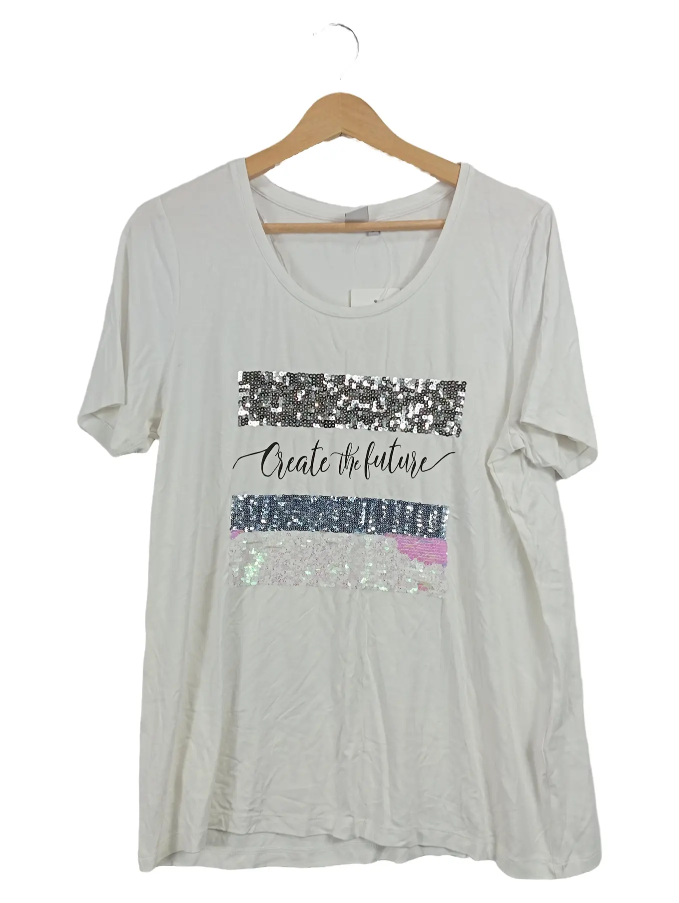 LIBERTY Damen T-Shirt Pailletten Schriftzug "Create the future" Gr. 40/L Weiß Casual