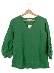 Vorschaubild 1 von Damen Leinen Bluse Gr. 36 S Grün 3/4-Arm V-Ausschnitt