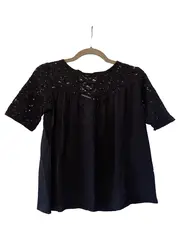 Vorschaubild 1 von Damen Bluse Kurzarm Lochmuster Spitze Schwarz Gr. 34 XS
