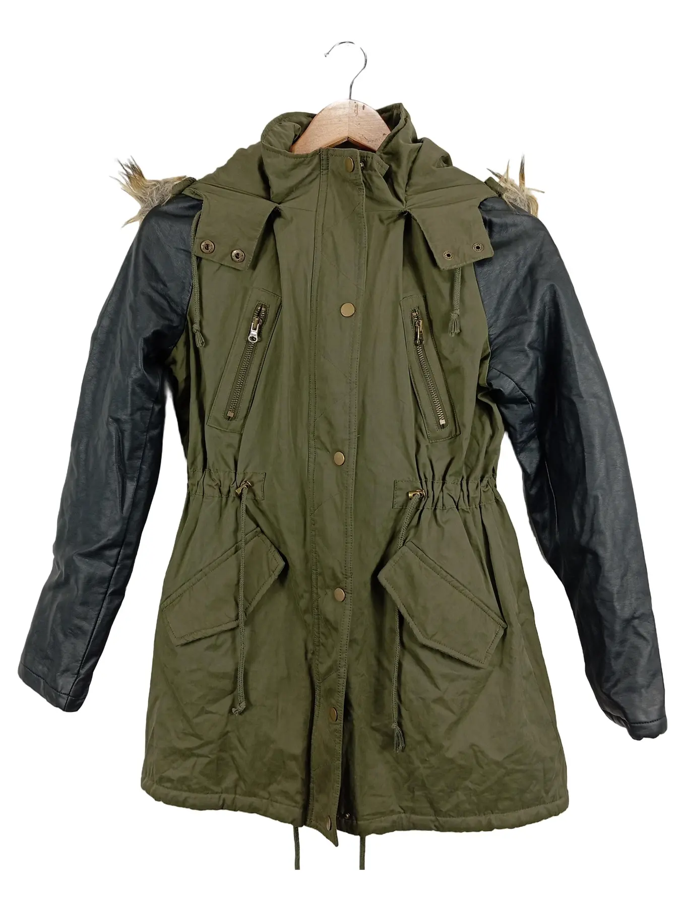URBAN CLASSICS Damen Parka Gr. 36/S Grün Kapuze Fellbesatz Lederärmel