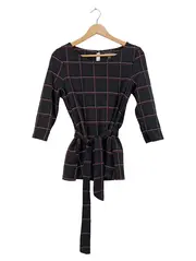Vorschaubild 1 von Damen Bluse Kariert mit Bindegürtel Gr. M Schwarz Elegant