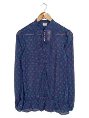 Vorschaubild 1 von Bluse Damen Gr. 34 XS Blau Kirschen Muster Langarm Feminin
