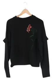 Vorschaubild 1 von Damen Pullover Gr. 36/S Schwarz Blumen Stickerei Rüschen Langarm