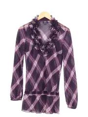 Vorschaubild 1 von Damen Bluse 36/S Lila Kariert Rüschen Langarm Casual