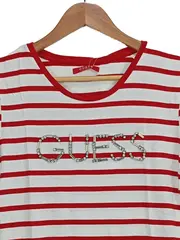 Vorschaubild 3 von Damen T-Shirt Gr. 38/M Rot Weiß Gestreift Casual Strass Logo