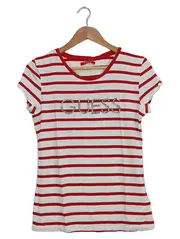 Vorschaubild 1 von Damen T-Shirt Gr. 38/M Rot Weiß Gestreift Casual Strass Logo