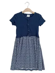 Vorschaubild 1 von Mädchen Kleid Gr. 128 Blau Blumenmuster Rippstrick Freizeitkleid