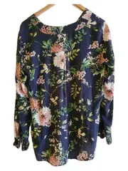 Vorschaubild 3 von Bluse Damen Gr. 38/M Blau Blumenmuster Viskose Langarm