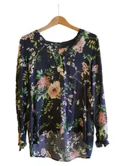 Vorschaubild 2 von Bluse Damen Gr. 38/M Blau Blumenmuster Viskose Langarm