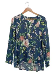 Vorschaubild 1 von Bluse Damen Gr. 38/M Blau Blumenmuster Viskose Langarm