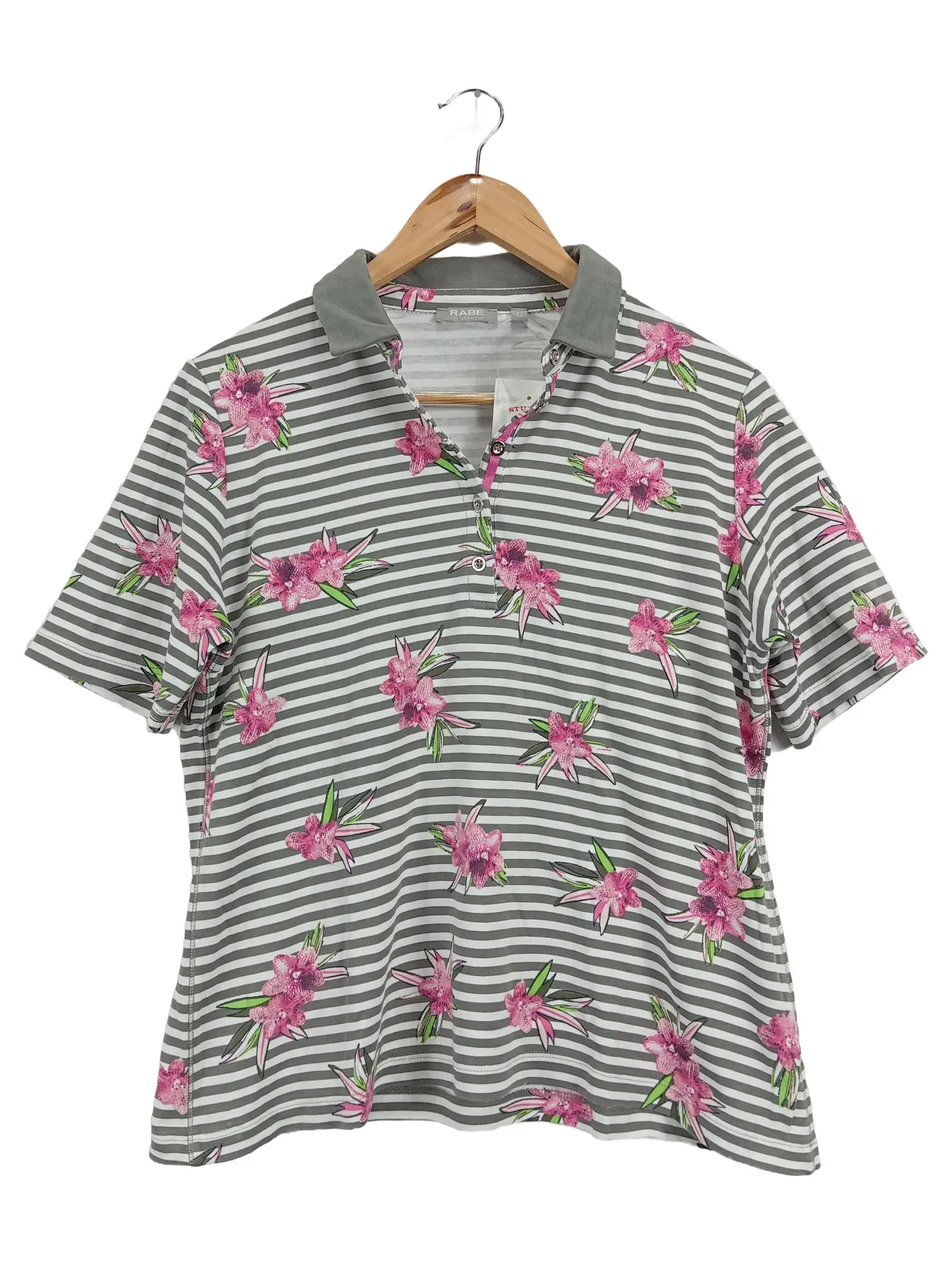 RABE Poloshirt Damen Gr. 42/XL Kurzarm Blumenmuster Gestreift Mehrfarbig