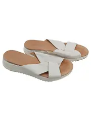 Vorschaubild 1 von Damen Pantoletten Gr. 39 Weiß Leder Crossband Sandalen Slides