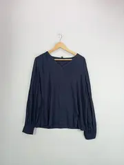 Vorschaubild 2 von Damen Bluse Langarm V-Ausschnitt Gr. 44 Blau Casual Viskose