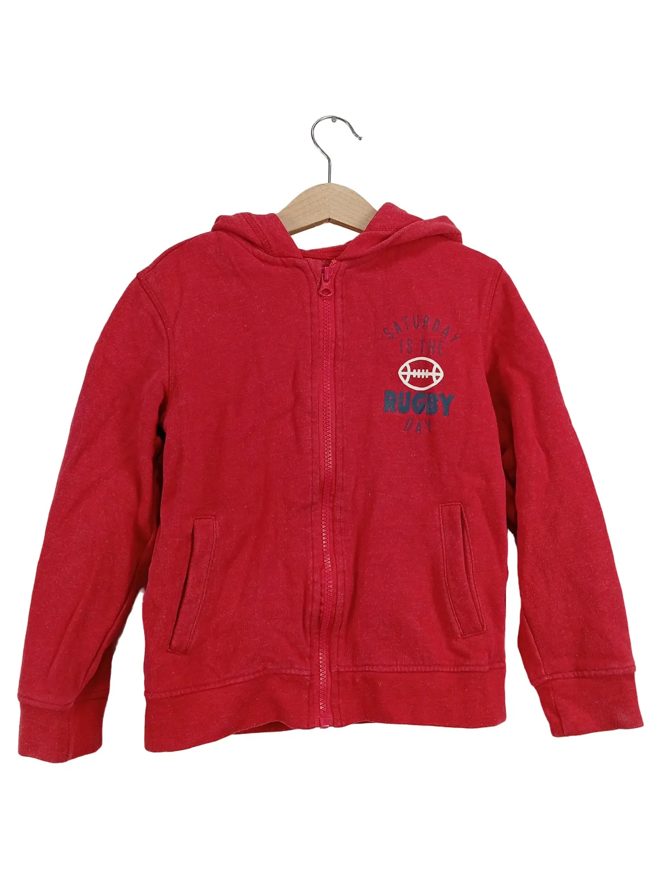 VERTBAUDET Sweatjacke Kapuze Jungen Rot Schriftzug Gr. 128 Freizeit