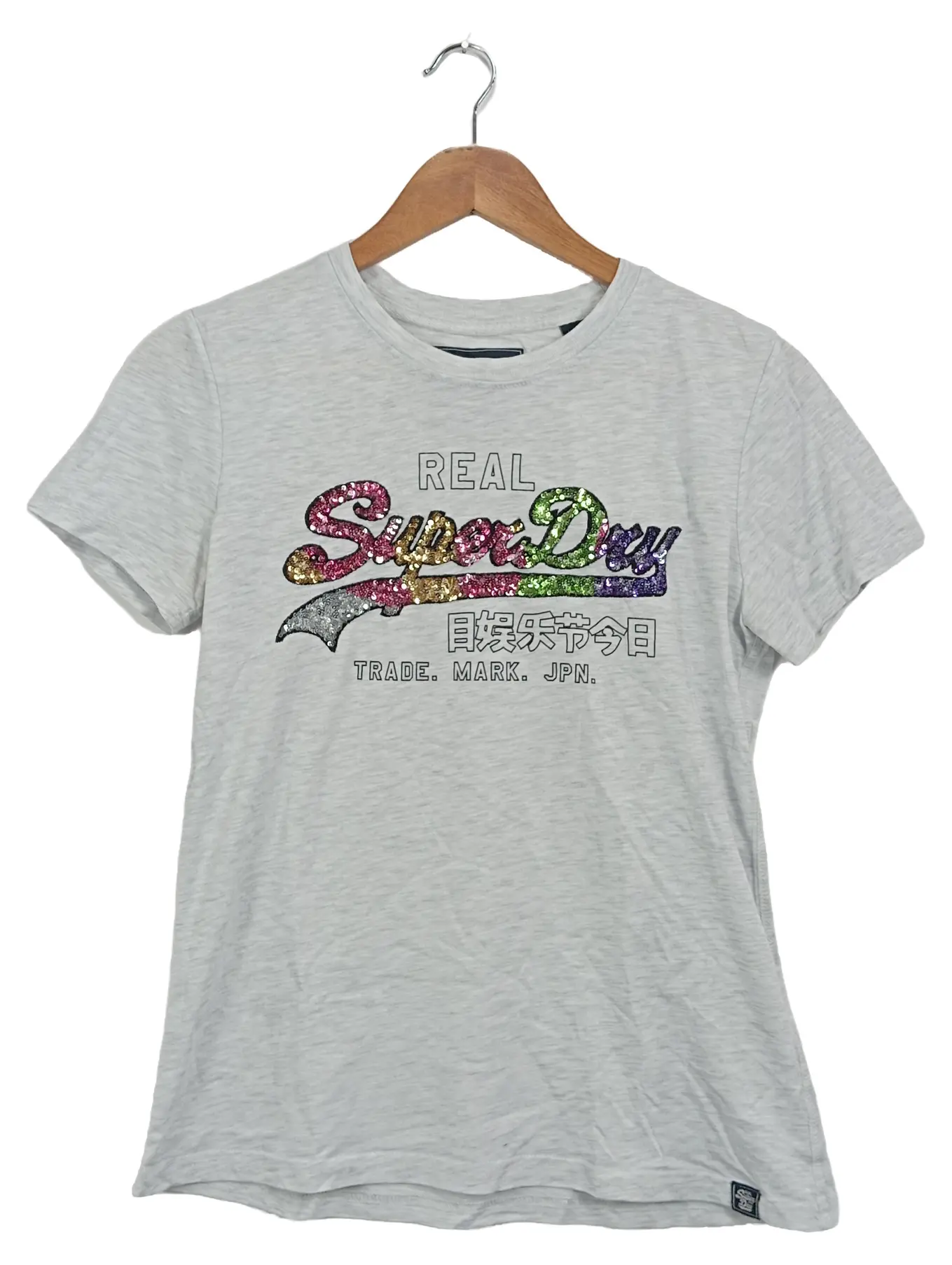 SUPERDRY Damen T-Shirt Gr. 38 Meliert Grau Pailletten Logo Casual Kurzarm
