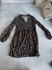 Vorschaubild 2 von Kleid Blumenmuster V-Ausschnitt Langarm Damen Gr. S Schwarz Boho