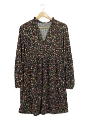 Vorschaubild 1 von Kleid Blumenmuster V-Ausschnitt Langarm Damen Gr. S Schwarz Boho