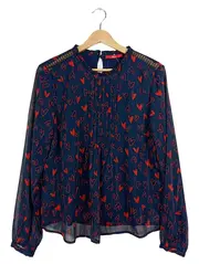 Vorschaubild 1 von Damen Bluse Gr. 38 Blau Herzmuster Spitze Langarm Romantisch