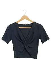 Vorschaubild 1 von Damen T-Shirt Schwarz Gr. 36/S Modisch Rippstrick V-Ausschnitt Knoten