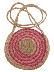 Vorschaubild 1 von Runde Umhängetasche Jute Stroh Boho Pink Beige Damen Crossbody