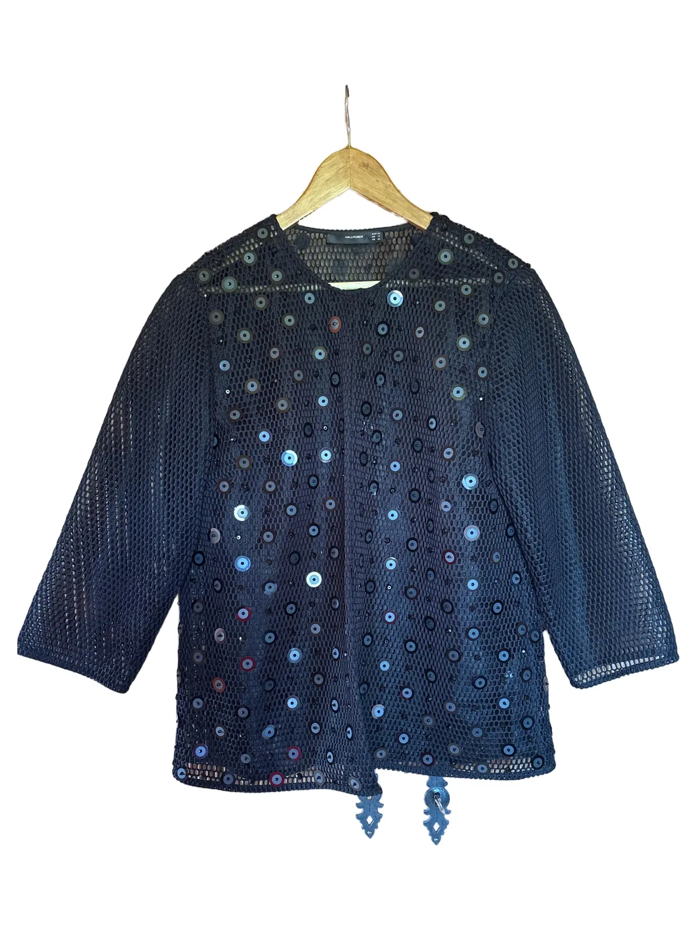 HALLHUBER Damen Blazer Jacke Schwarz Elegant Gr. 42/L Pailletten Mesh