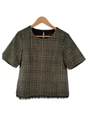 Vorschaubild 1 von Damen Bluse kariert Kurzarm Spitze Wolle Grau Gr. S