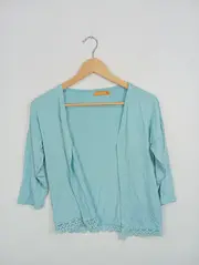 Vorschaubild 2 von Damen Strickjacke Gr. 36/S Türkis Casual mit Spitze 3/4-Arm