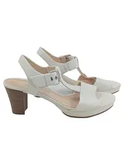 Vorschaubild 1 von Sandaletten Damen Weiß Leder Elegant Gr. 42 Schnallen Absatz 8cm