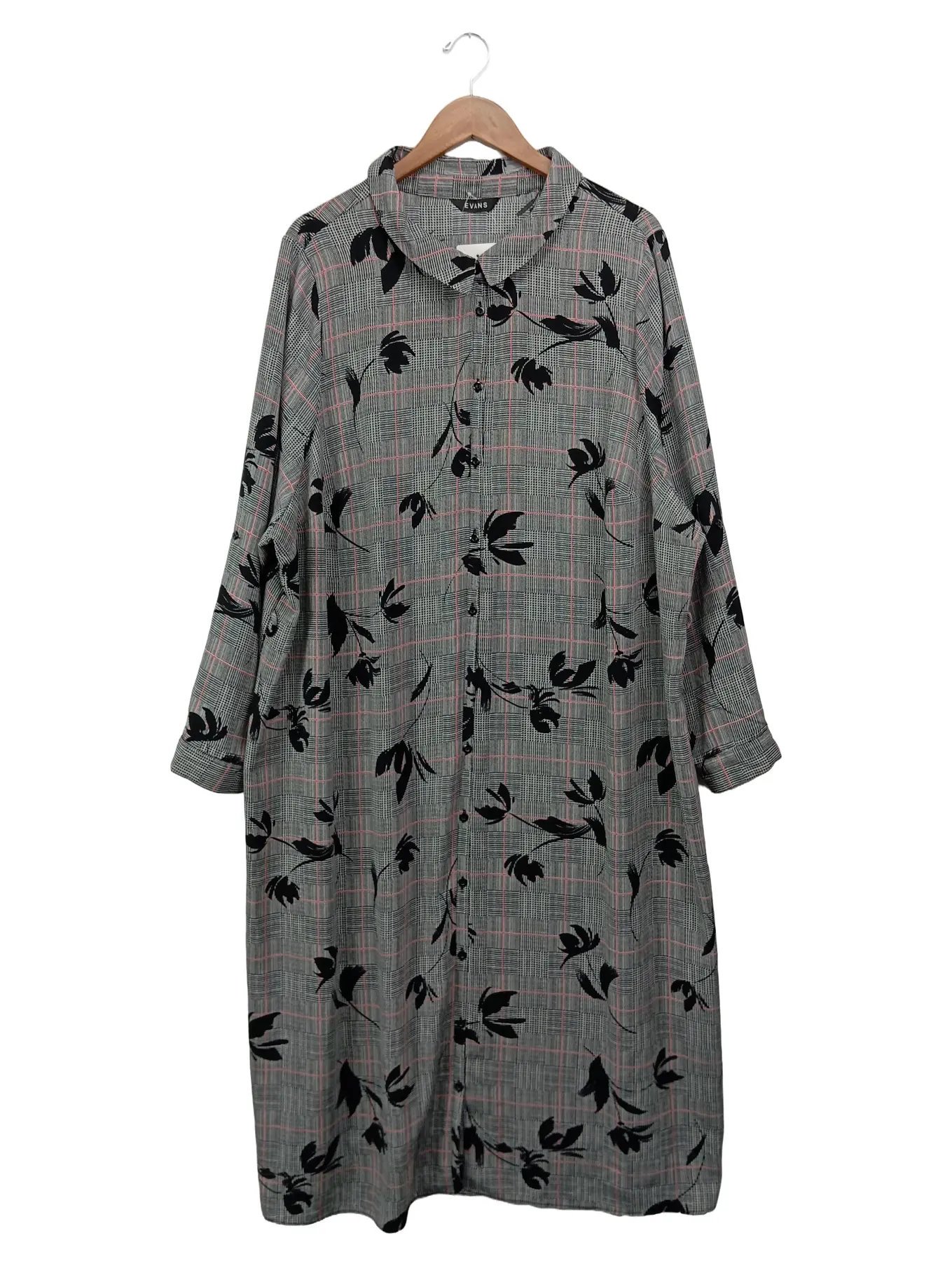 EVANS Damen Blusenkleid 56/5XL Grau Kariert Blumenmuster Langarm Maxikleid