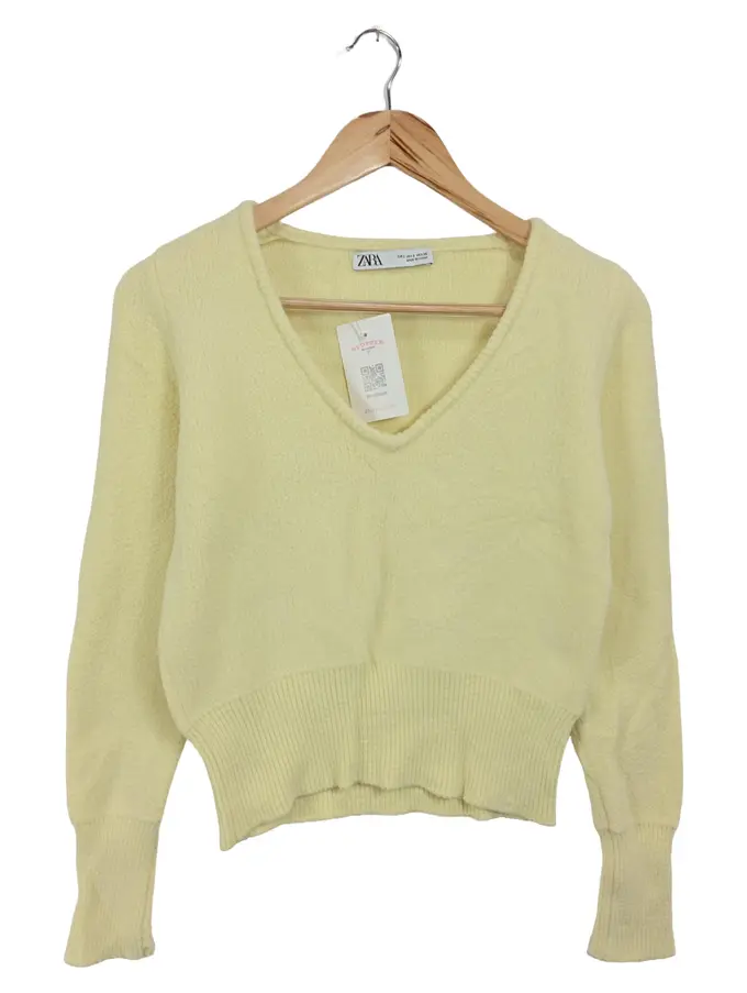 ZARA Damen Pullover Gelb 36/S V-Ausschnitt Basic Strick