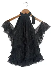 Vorschaubild 1 von Damen Bluse Schwarz Spitze Rüschen Schleife XS Elegant Festlich