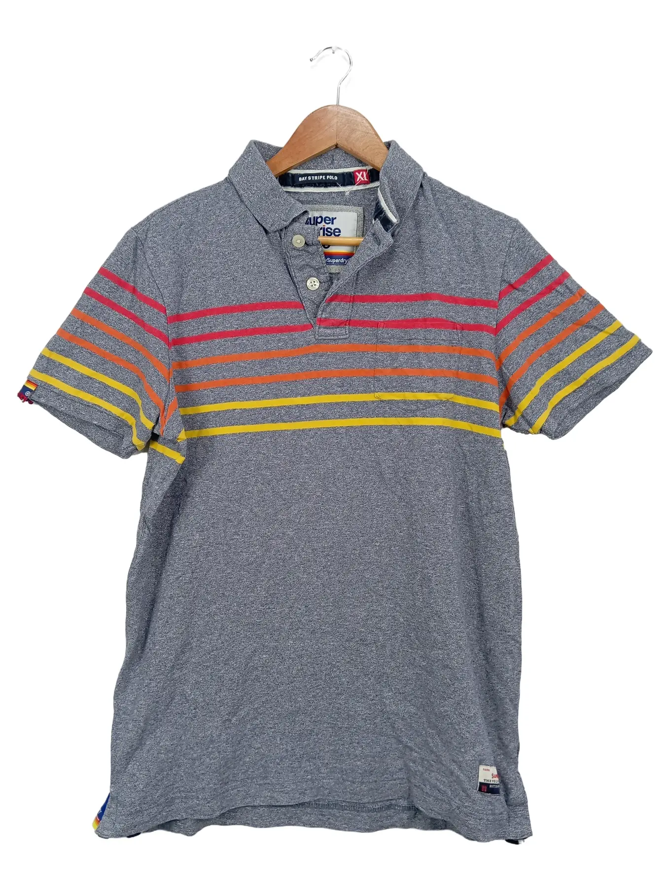 SUPERDRY Sunrise Polo Shirt Herren Grau Gestreift XL Baumwolle Kurzarm